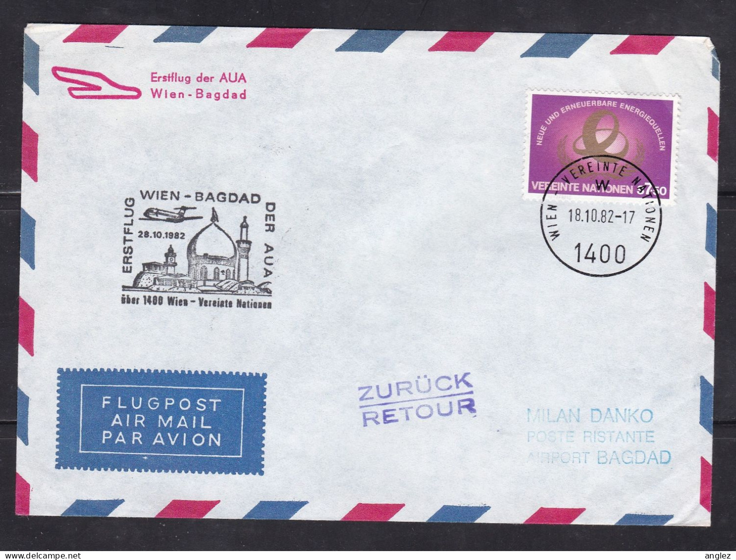 United Nations Vienna Office - 1982 AUA First Flight Cover Wien To Bagdad Iraq - Covers & Documents
