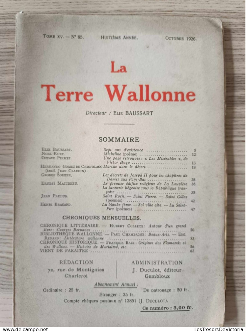 Revue La Terre Wallonne  - Tome XV N° 85 - 1926 - 1900 - 1949