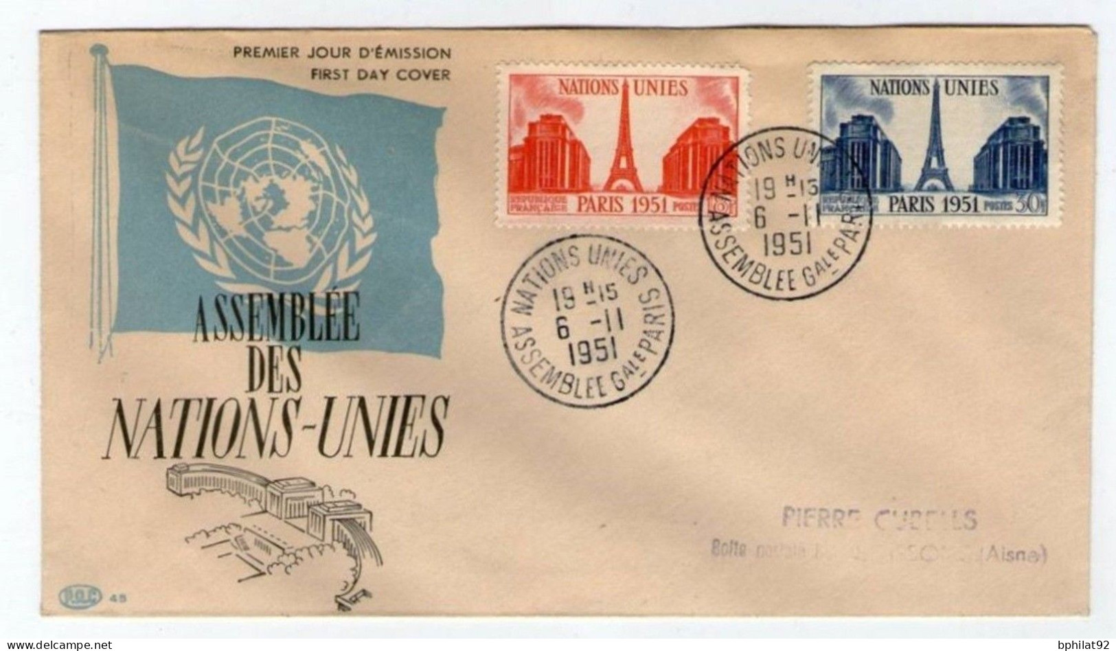 !!! ENVELOPPE 1ER JOUR NATIONS UNIES CACHET NATIONS UNIES ASSEMBLEE GENERALE - 1950-1959