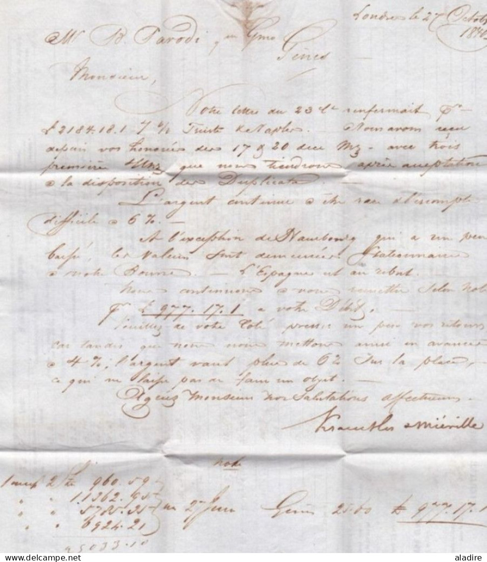 1840 - Q V Lettre Manuscrite Et Cours De La Bourse Imprimés De Londres, GB à Gênes Genova, Italie Par Beauvoisin, France - Poststempel