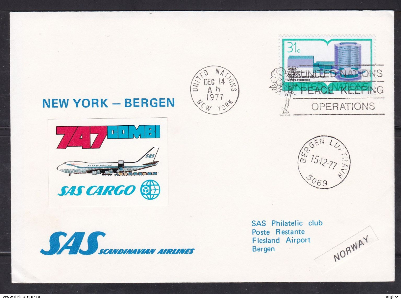 United Nations New York - 1977 SAS Cargo  First Flight Cover NY To Bergen Norway - Storia Postale