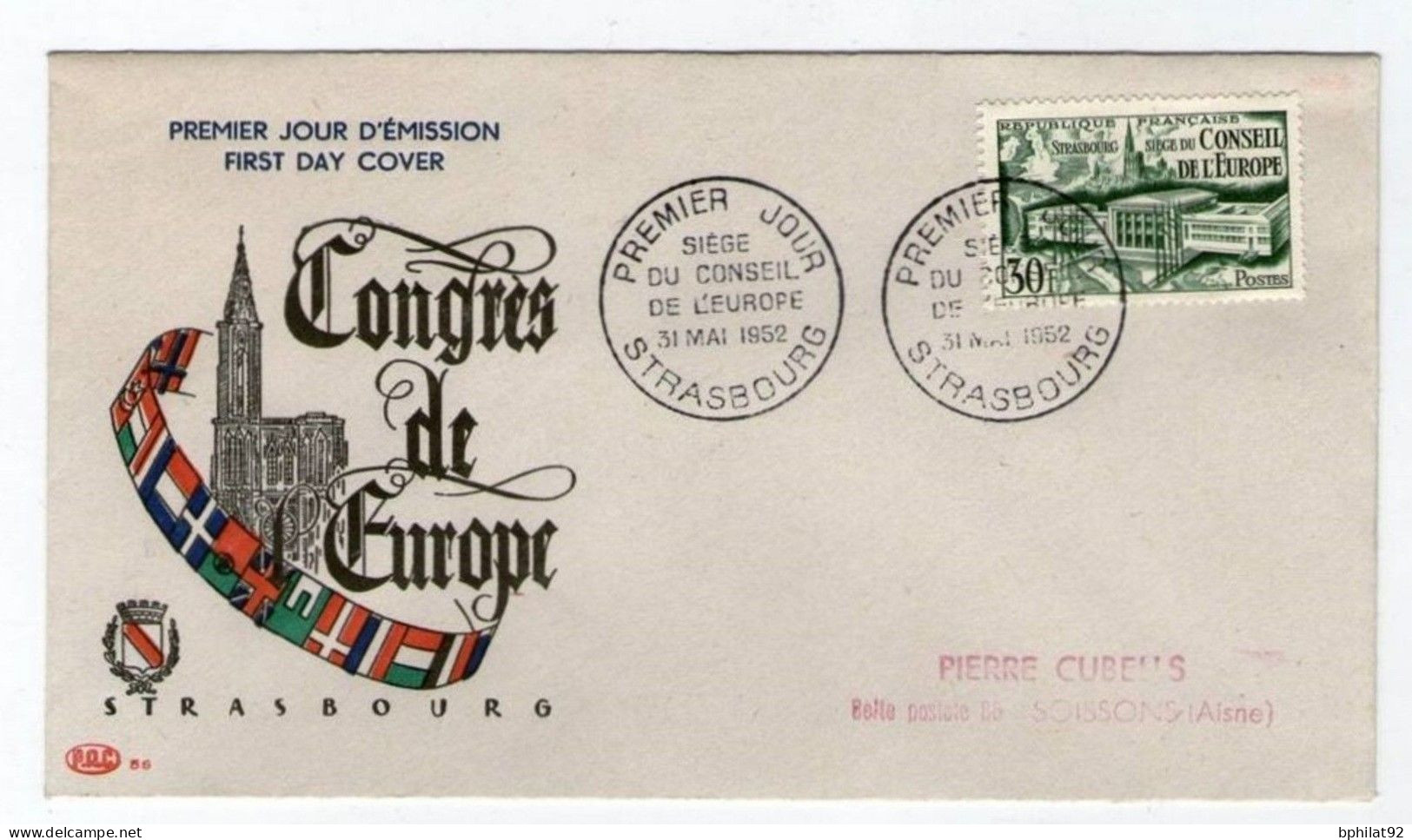 !!! ENVELOPPE 1ER JOUR CONSEIL DE L'EUROPE CACHET 1ER JOUR DE STRASBOURG - 1950-1959