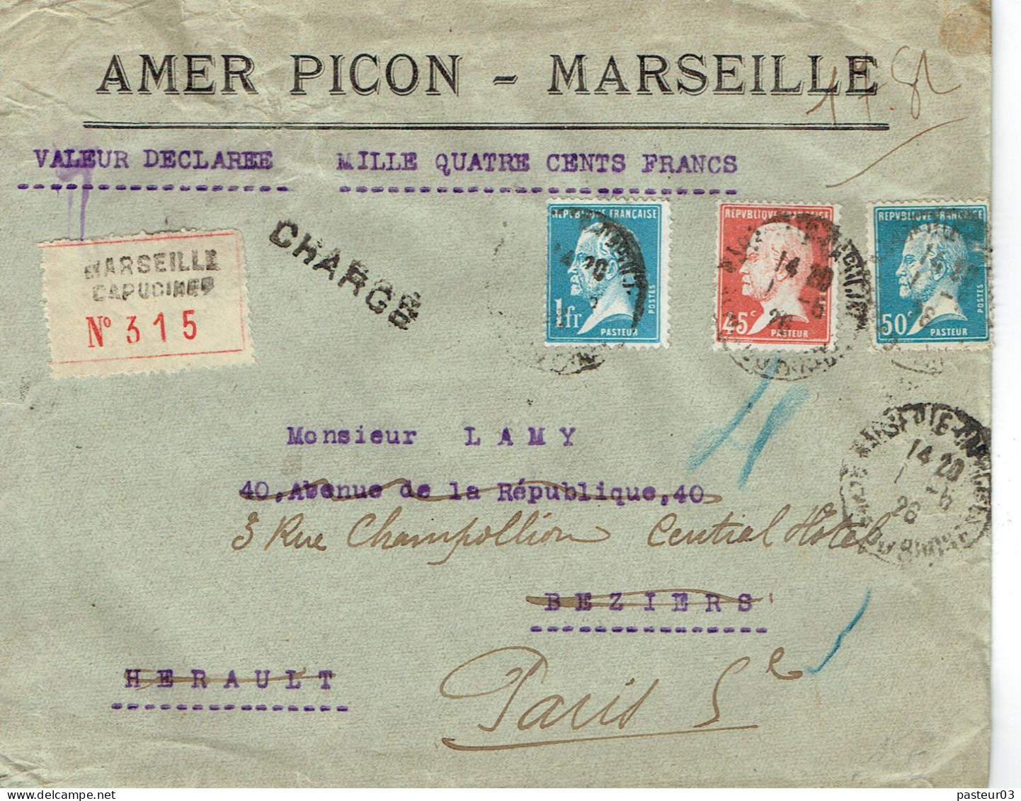 Tarifs Postaux France Du 16-07-1925 (37) Pasteur N° 176 50 C.+ Pasteur N° 179 1,00 F. + Pasteur N° 175 45 C.  LR Chargée - 1922-26 Pasteur