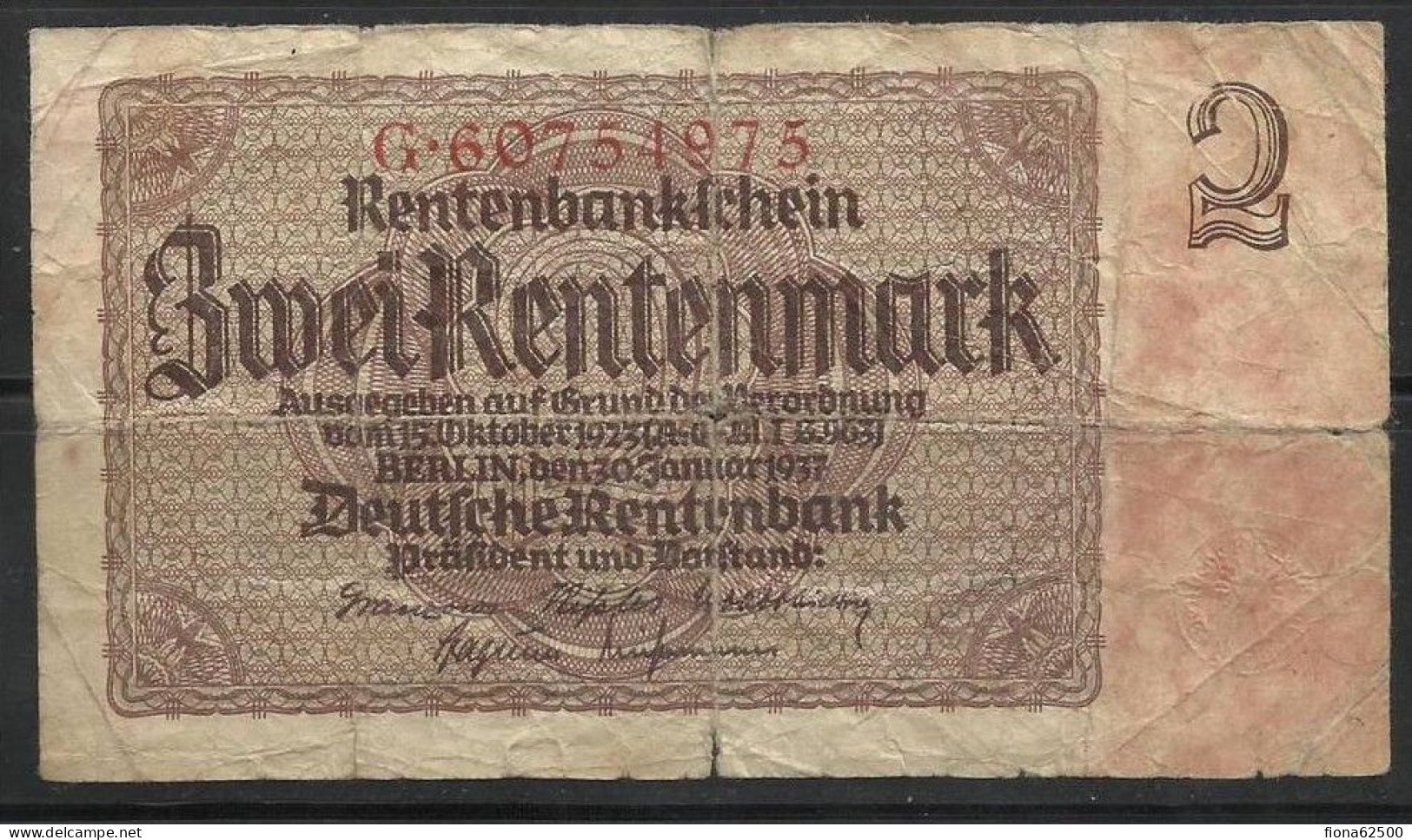 ALLEMAGNE . 2 RENTENMARK . 1937 . - 2 Mark