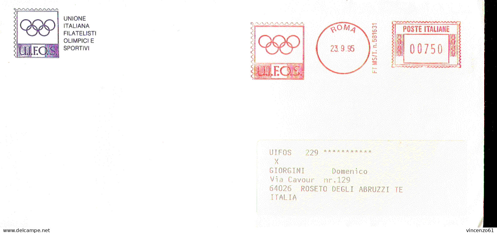 Busta Con Timbro Rosso UIFOS Unione Italiana Collezionisti Olimpici 1995 - Altri & Non Classificati