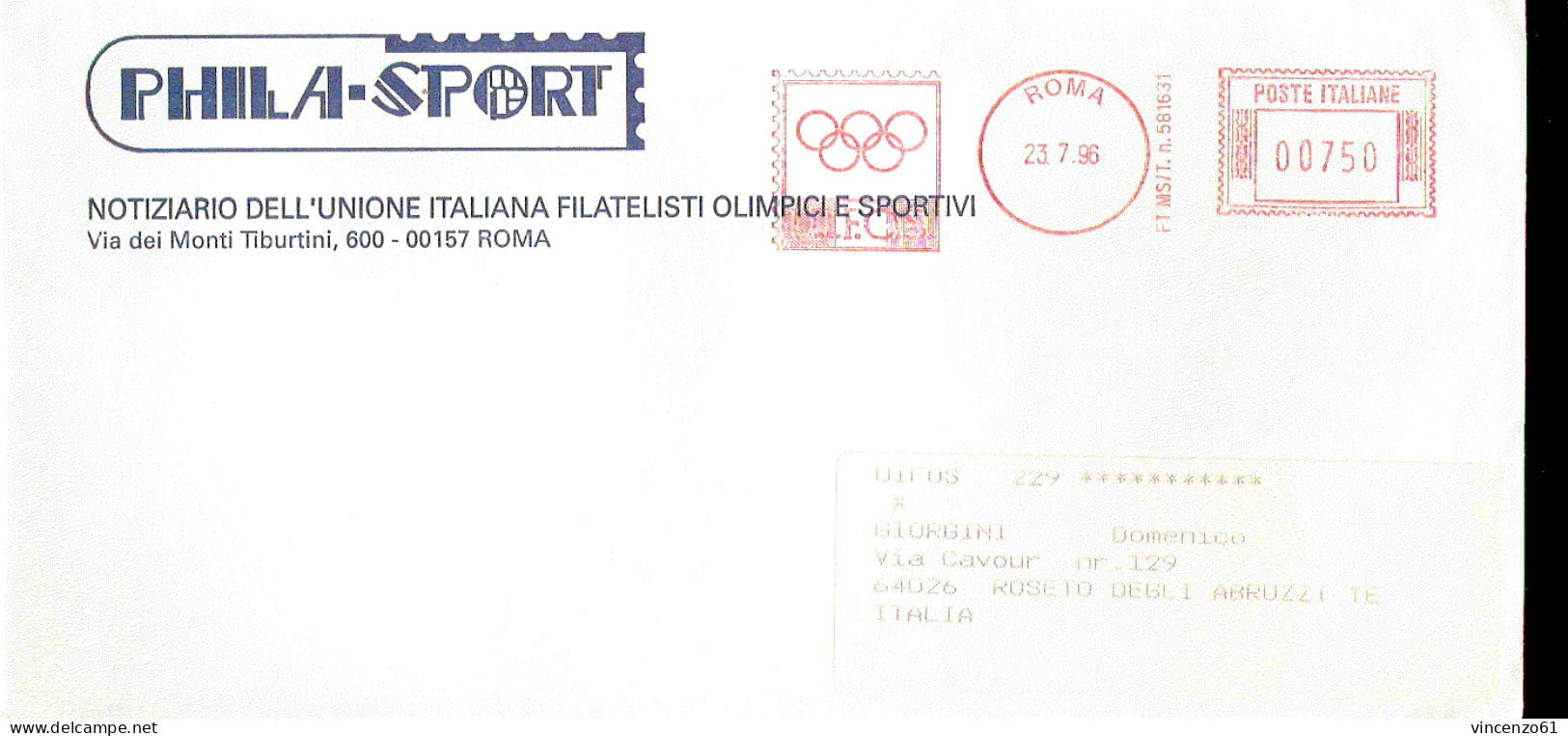 Busta Con Timbro Rosso UIFOS Unione Italiana Collezionisti Olimpici 1996 - Other & Unclassified