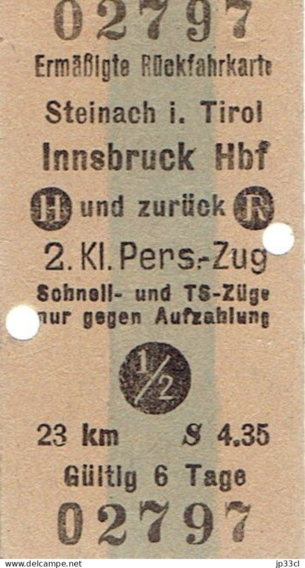 Sehr Alte Rückfahrtkarte Steinach I. Tirol - Innsbruck Hbf (7/08/1958) - Europa