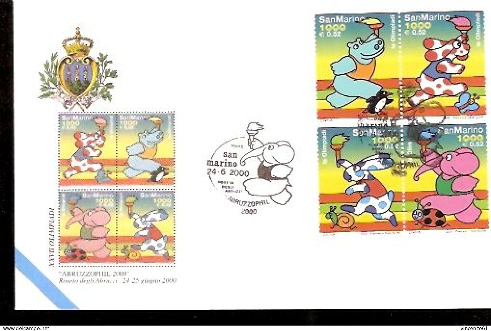 SAN MARINO 2000 LE OLIMPIADI CON ANNULLO SPECIALE ELEFANTE CANE CONIGLIO IPPOPOTAMO FUMETTI - Sommer 2000: Sydney - Paralympics