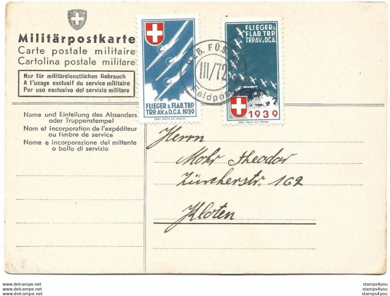 9 - 92 - Carte Avec Timbres Militaires "Flieger Flab. Trp Trp.Av. DCA 1939" - Dokumente