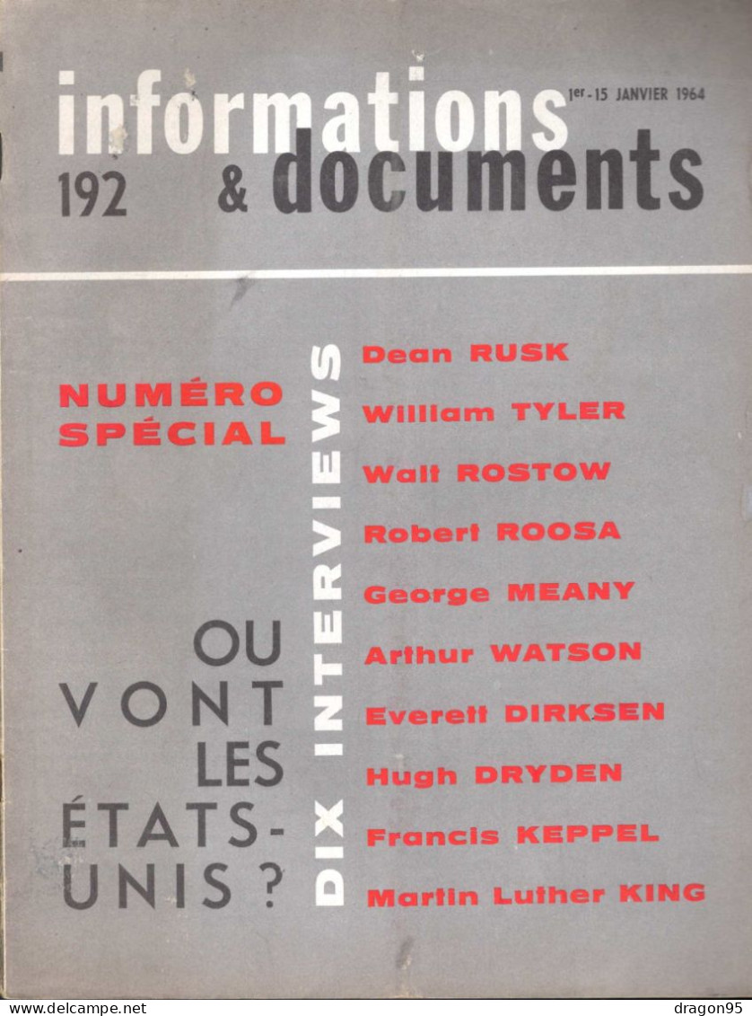 Revue Diplomatique Informations & Documents N° 192 - Janvier 1964 - Où Vont Les États-Unis ? - Histoire