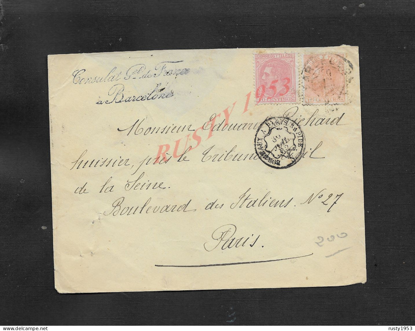 ESPAGNE LETTRE1882 CONSULAT DE FRANCE À CACHET BARCELONE X PARIS   : - Cartas & Documentos