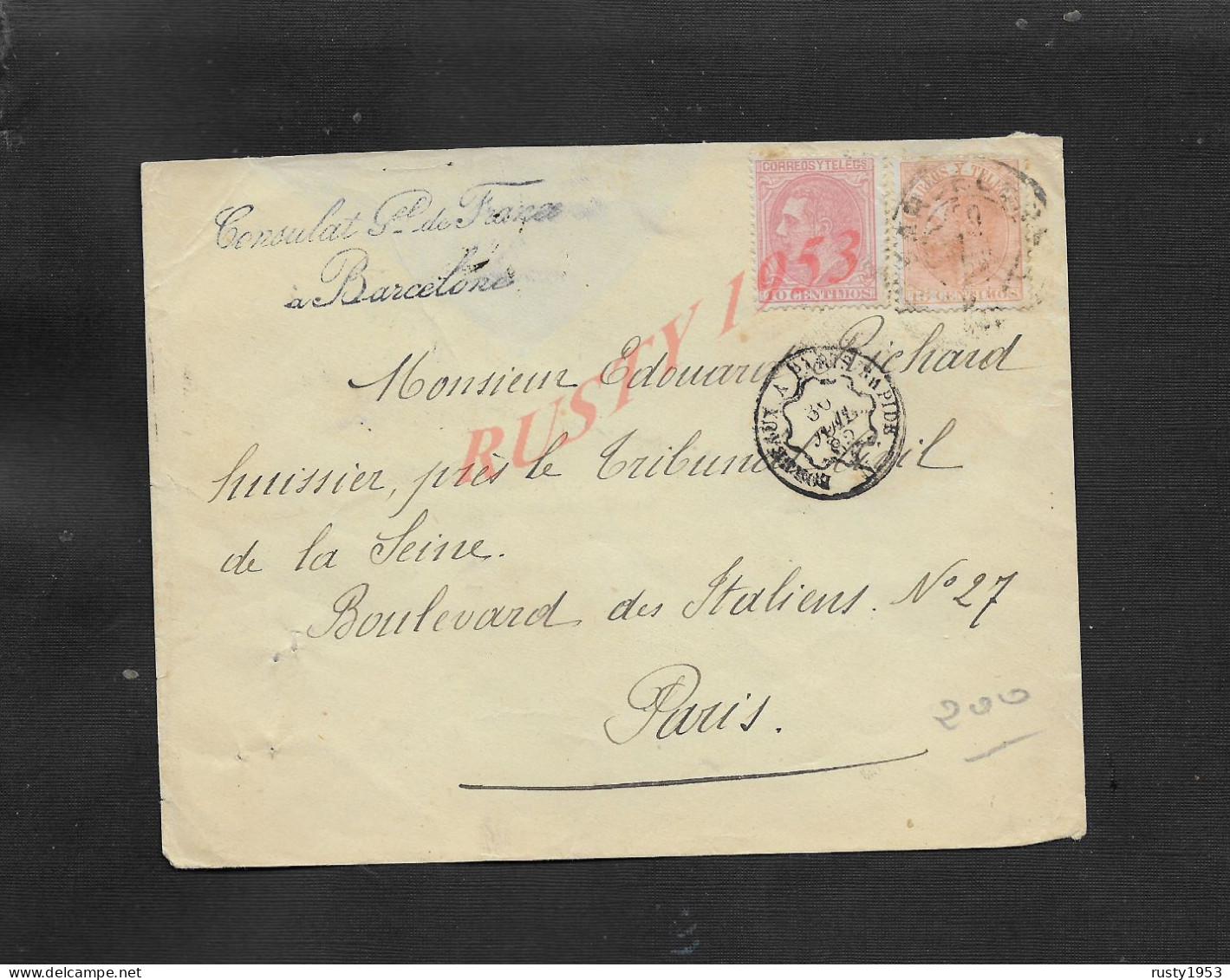 ESPAGNE LETTRE1882 CONSULAT DE FRANCE À CACHET BARCELONE X PARIS   : - Storia Postale