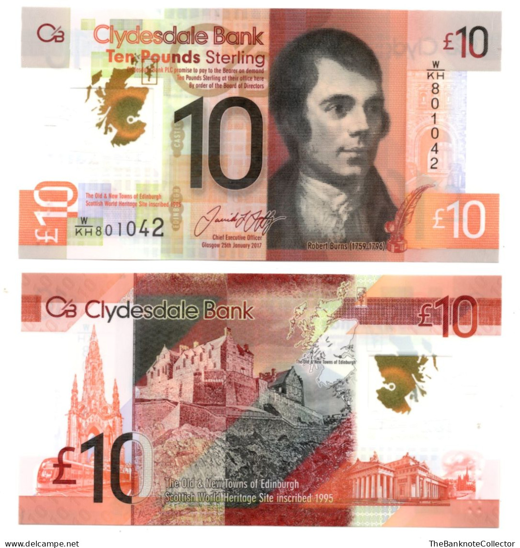 Scotland Clysdale Bank 10 Pounds Polymer ND 2017 P-229  UNC Robert Burns UNESCO - 10 Ponden