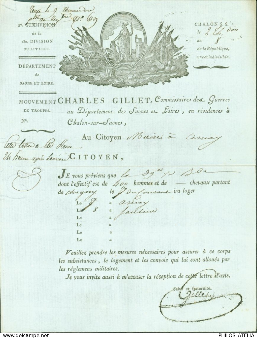 LAS Lettre Autographe Signature Charles Gillet Commissaire Des Guerres Du Départ à Chalon Sur Saône Révolution Empire - Político Y Militar