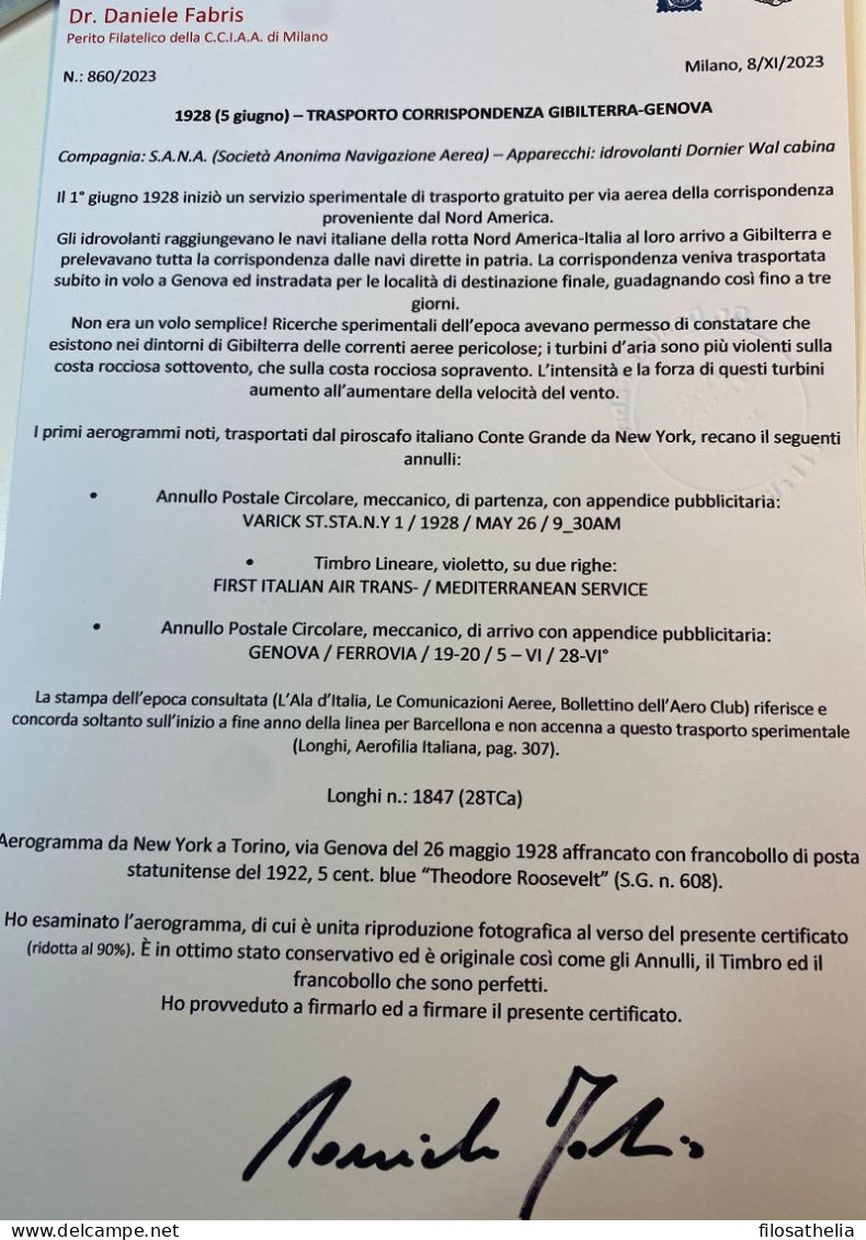 1928 Volo Catapultato Sperimentale Trasporto Corrispondenza - 1c. 1918-1940 Cartas & Documentos