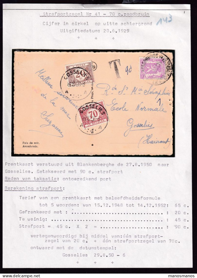 DDFF 915 -- Collection Petit Sceau De L' Etat - Carte Fantaisie TP 20 C. BLANKENBERGE 1950 - Taxée 90 C. à GOSSELIES - 1935-1949 Piccolo Sigillo Dello Stato