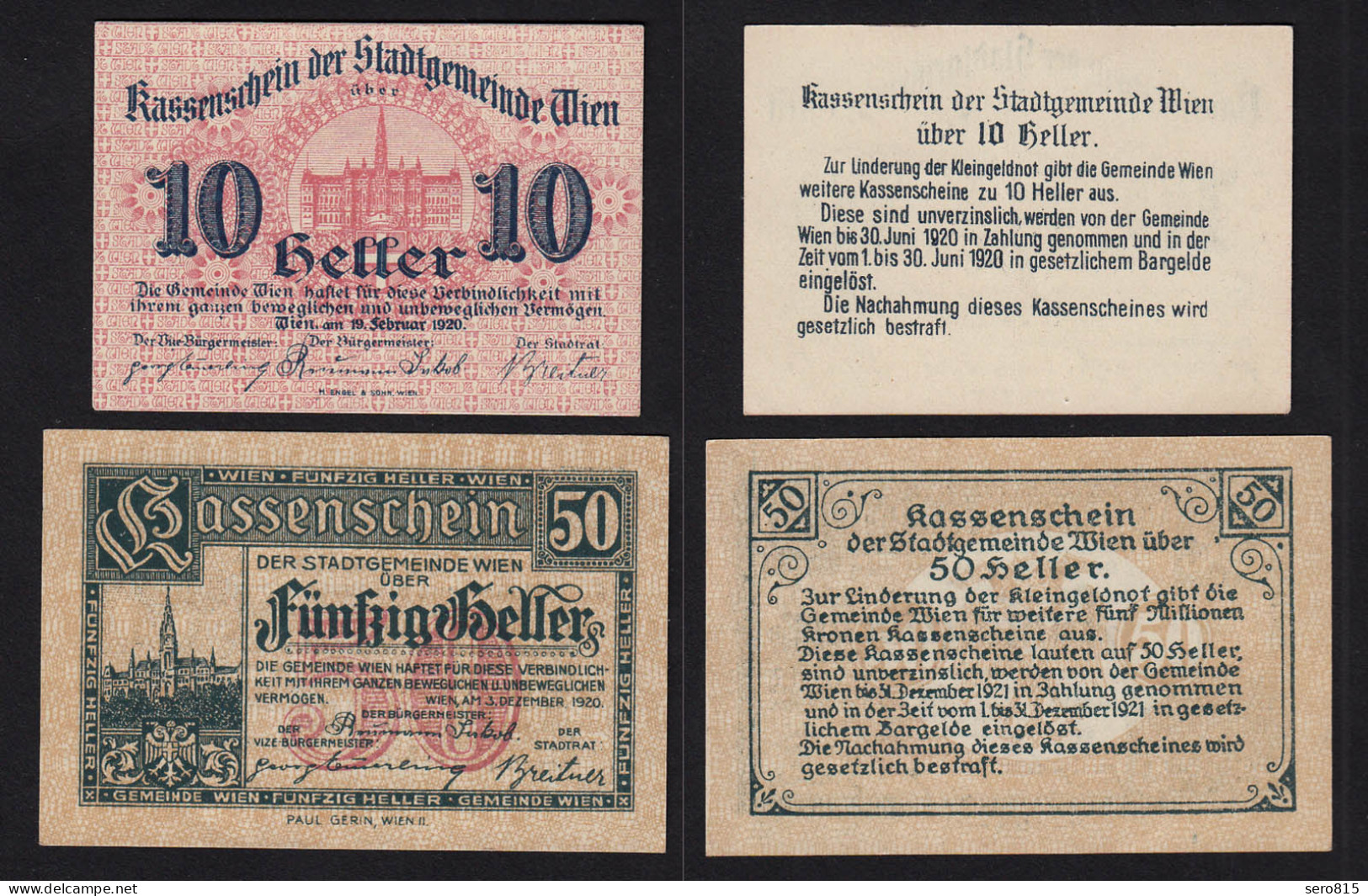 Österreich - Austria 10 + 50 Heller Wien 1920 Notgeld   (16530 - Austria