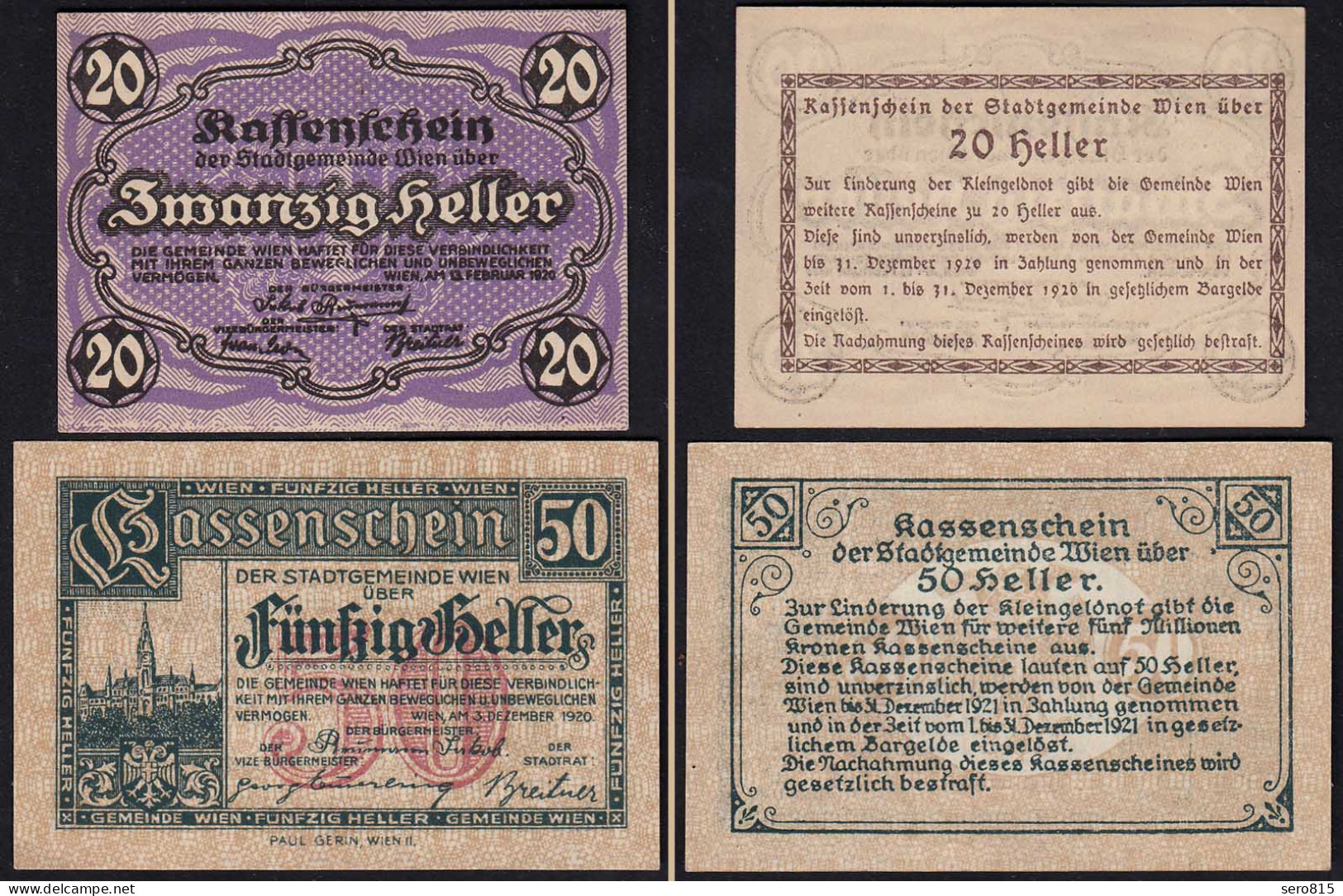 Österreich - Austria 20 + 50 Heller Notgeld Wien 1920   (23174 - Oostenrijk