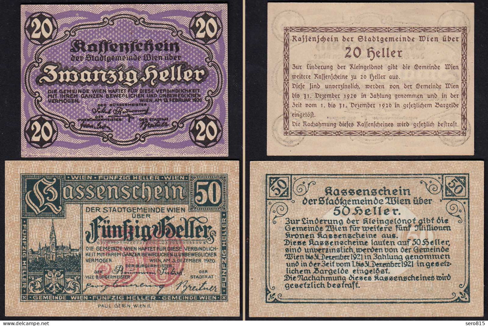 Österreich - Austria 20 + 50 Heller Notgeld Wien 1920   (23174 - Autriche