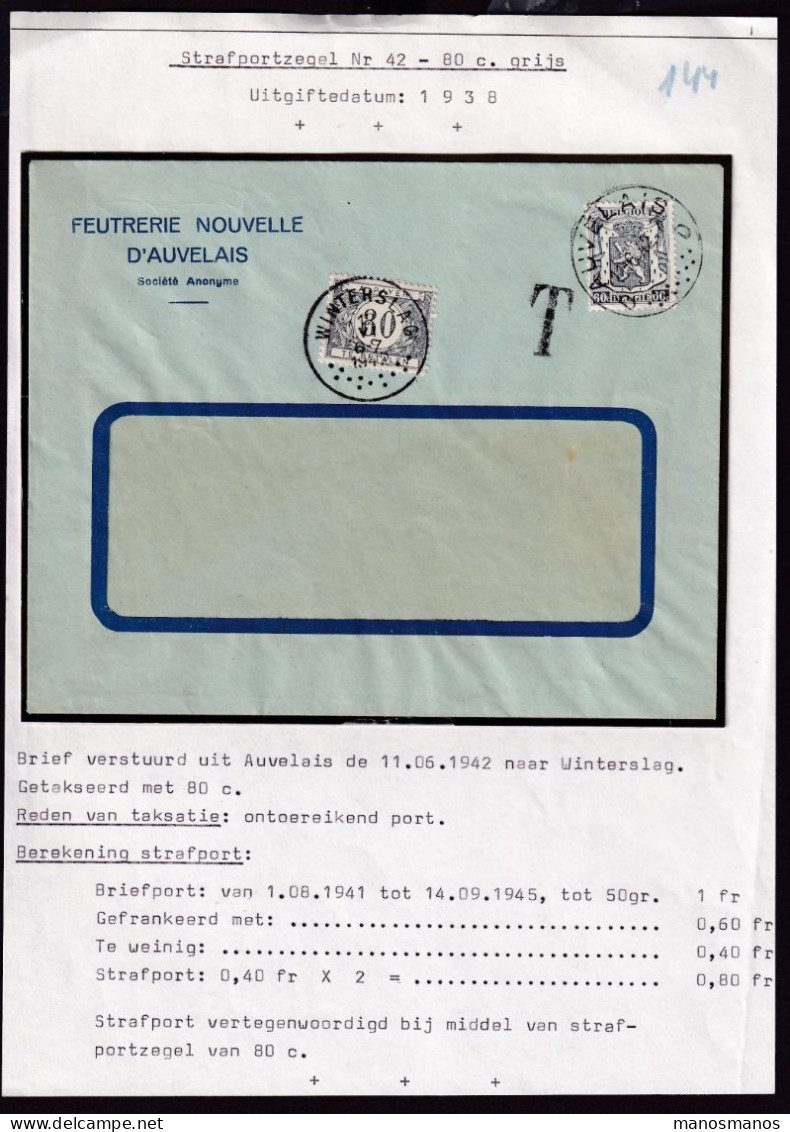 DDFF 916 -- Collection Petit Sceau De L' Etat - Enveloppe TP 60 C. AUVELAIS 1942 - Taxée 80 C. à WINTERSLAG - 1935-1949 Small Seal Of The State