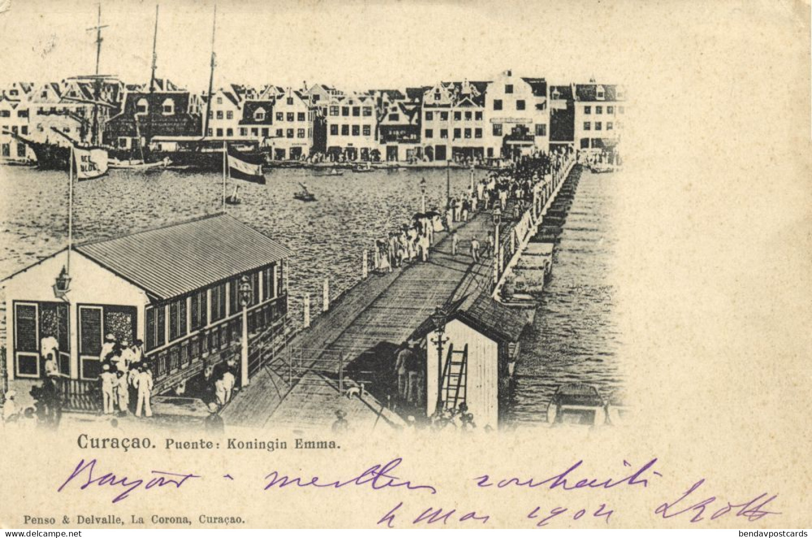 Curacao, W.I., WILLEMSTAD, Queen Emma Bridge (1904) Penso & Delvalle Postcard - Curaçao