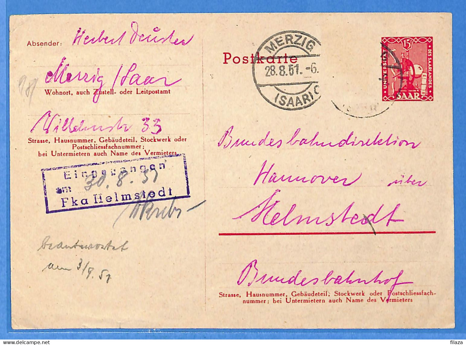 Saar - 1951 - Carte Postale De Merzig - G31867 - Brieven En Documenten