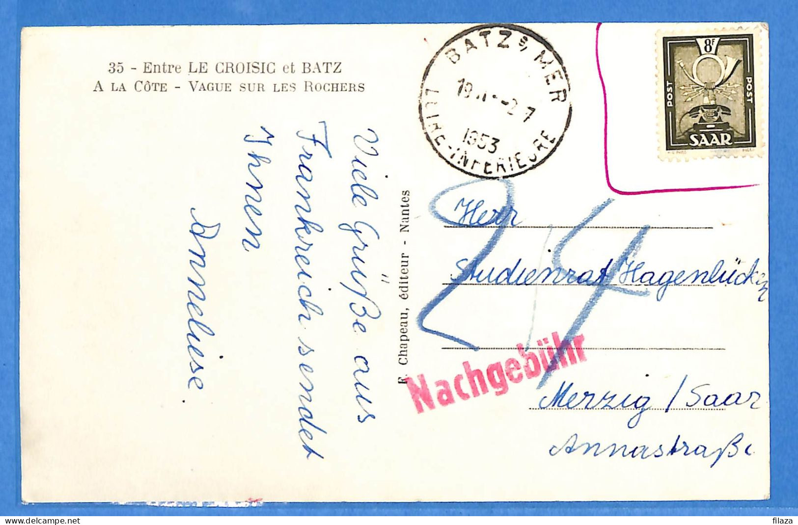 Saar - 1953 - Carte Postale De Batz Sur Mer - G31866 - Storia Postale