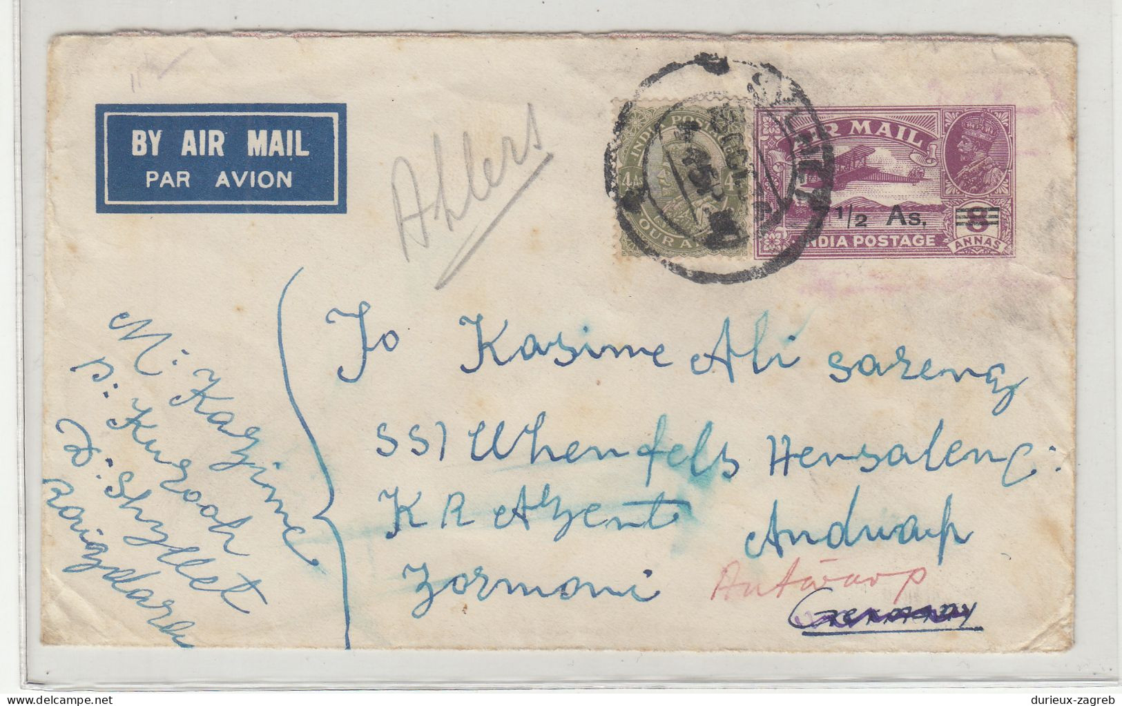 India Old KGV Air Mail Overprinted Postal Stationery Letter Cover Posted 193? To Germany B240401 - 1911-35 King George V