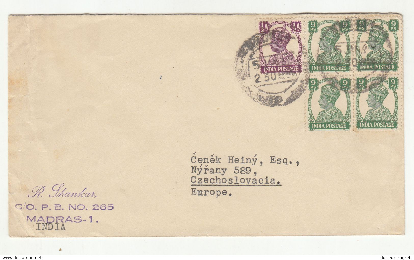 India Letter Cover Posted 1949? To Czechoslovakia B240401 - 1936-47 Koning George VI