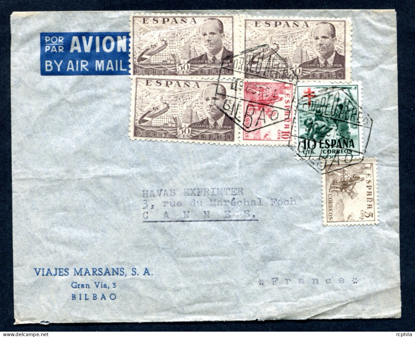 RC 27419 ESPAGNE 1951 BILBAO LETTRE PAR AVION POUR LA FRANCE - Brieven En Documenten