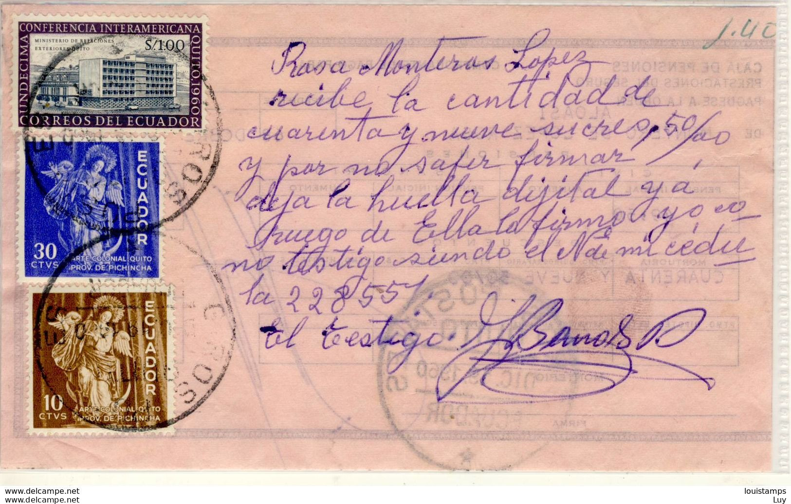 COMPROBANTE DE PAGO PARA CAJA DE PENSIONES 1960 Ref. 152 - Ecuador