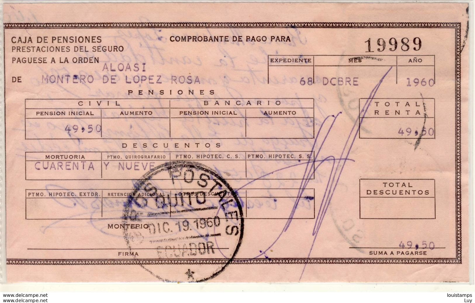 COMPROBANTE DE PAGO PARA CAJA DE PENSIONES 1960 Ref. 152 - Ecuador