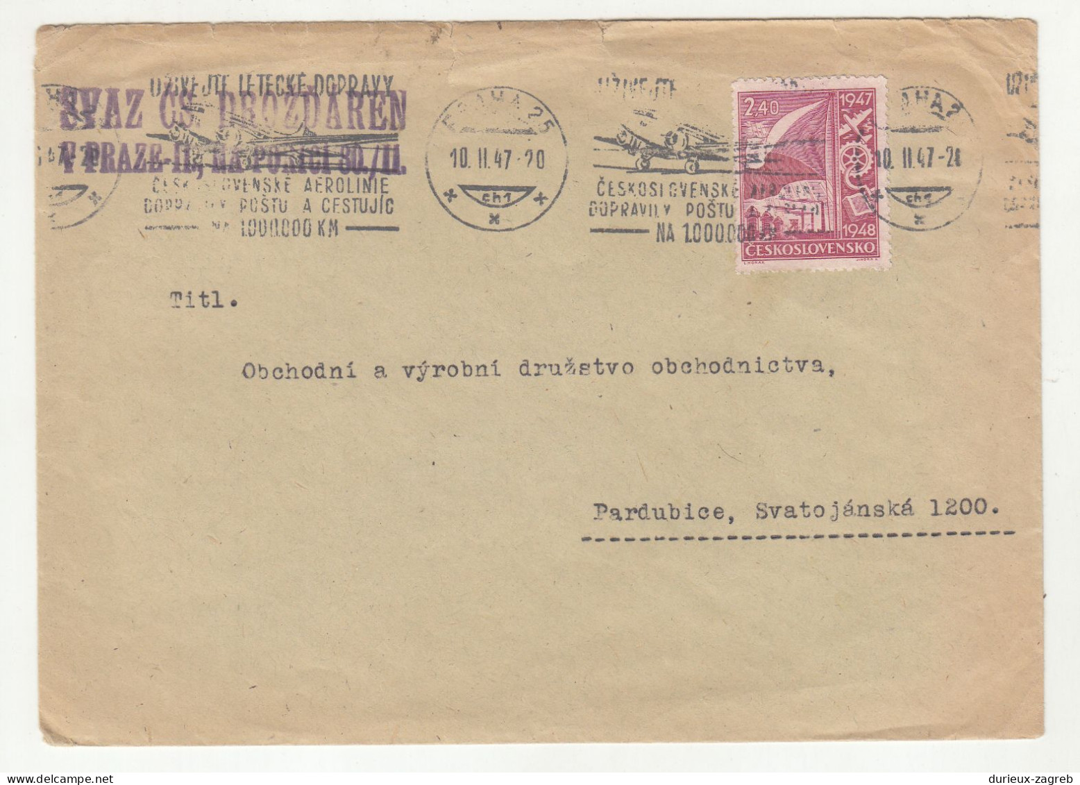 Czechoslovakia Letter Cover Posted 1947 - Airplane Slogan Postmark B240401 - Covers & Documents