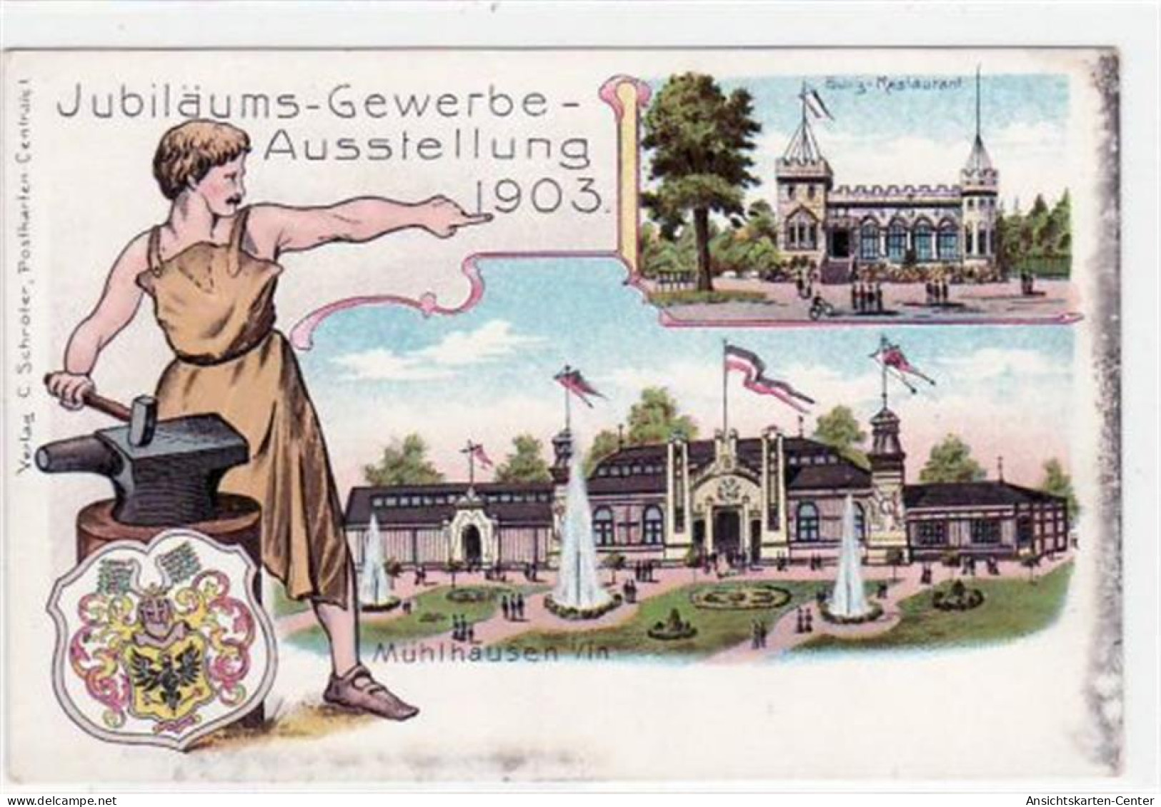 39016802 - Muehlhausen, Lithographie Der Jubilaeums - Gewerbe - Ausstellung 1903.  Ein Schmied Burg - Restaurant, Ein G - Muehlhausen
