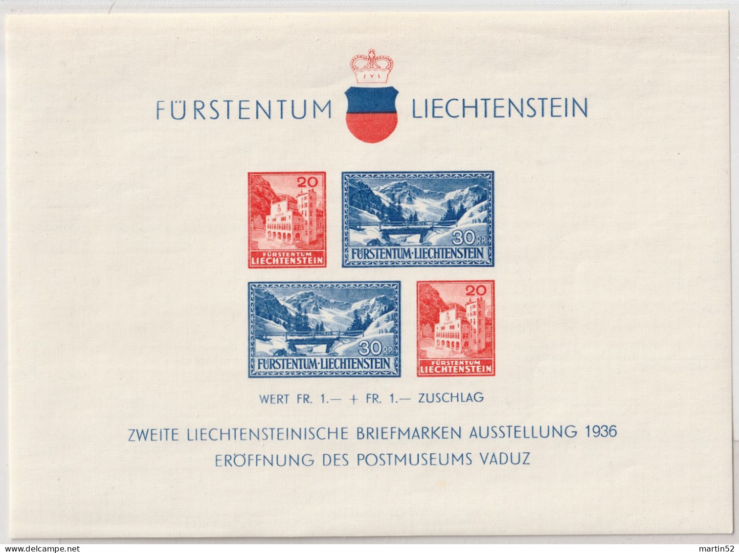 Liechtenstein 1936: Eröffnung Des Postmuseums Zu W14 Mi Block 2 Yv BF2 ** Postfrisch MNH (Zumstein CHF 70.00) - Blocs & Feuillets