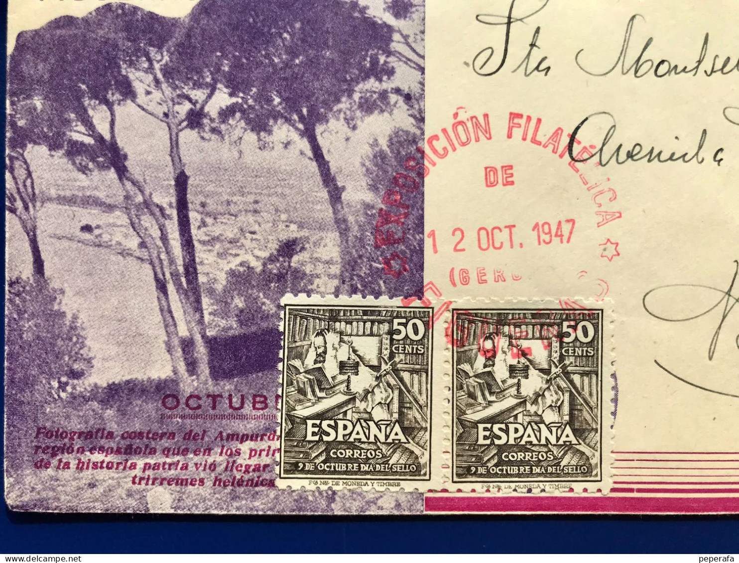 Spain España 1947, HOMENAJE A CERVANTES FIGUERAS, QUIJOTE, SOBRE POSTAL CON MATASELLOS ESPECIAL - Oblitérés