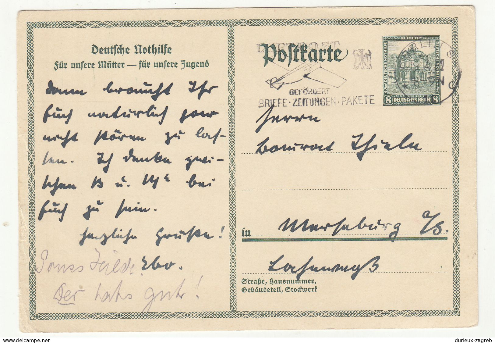 Germany Deutsche Nothilfe Postal Stationery Postcard Posted 1932 - Luftpost Slogan Postmark B240401 - Cartes Postales