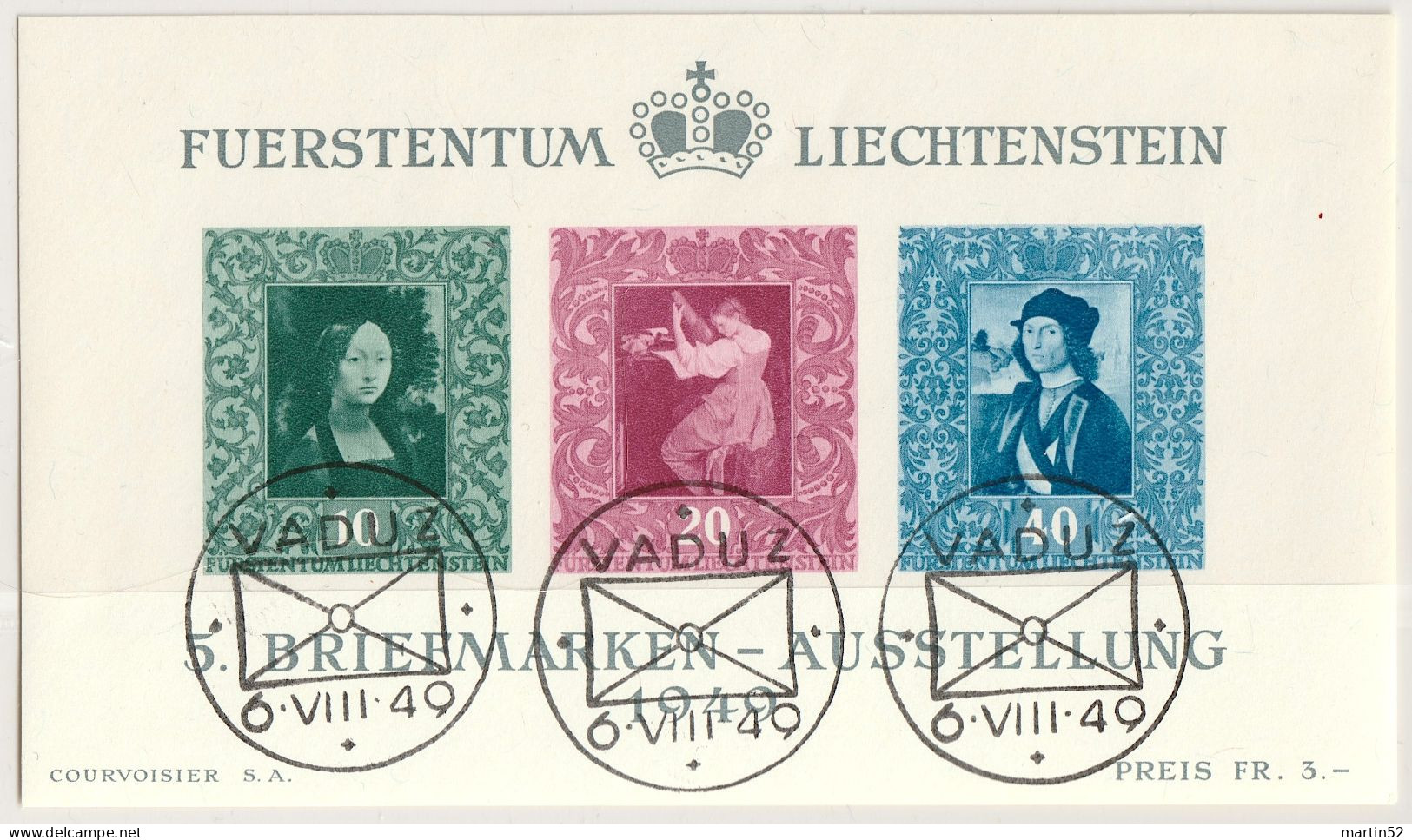 Liechtenstein 1949: Gemälde-Block Zu W 23 Mi Block 5 Yv BF 8 Mit ET-Stempel VADUZ 6.VIII.49 (Zumstein CHF 130.00) - Blocs & Feuillets