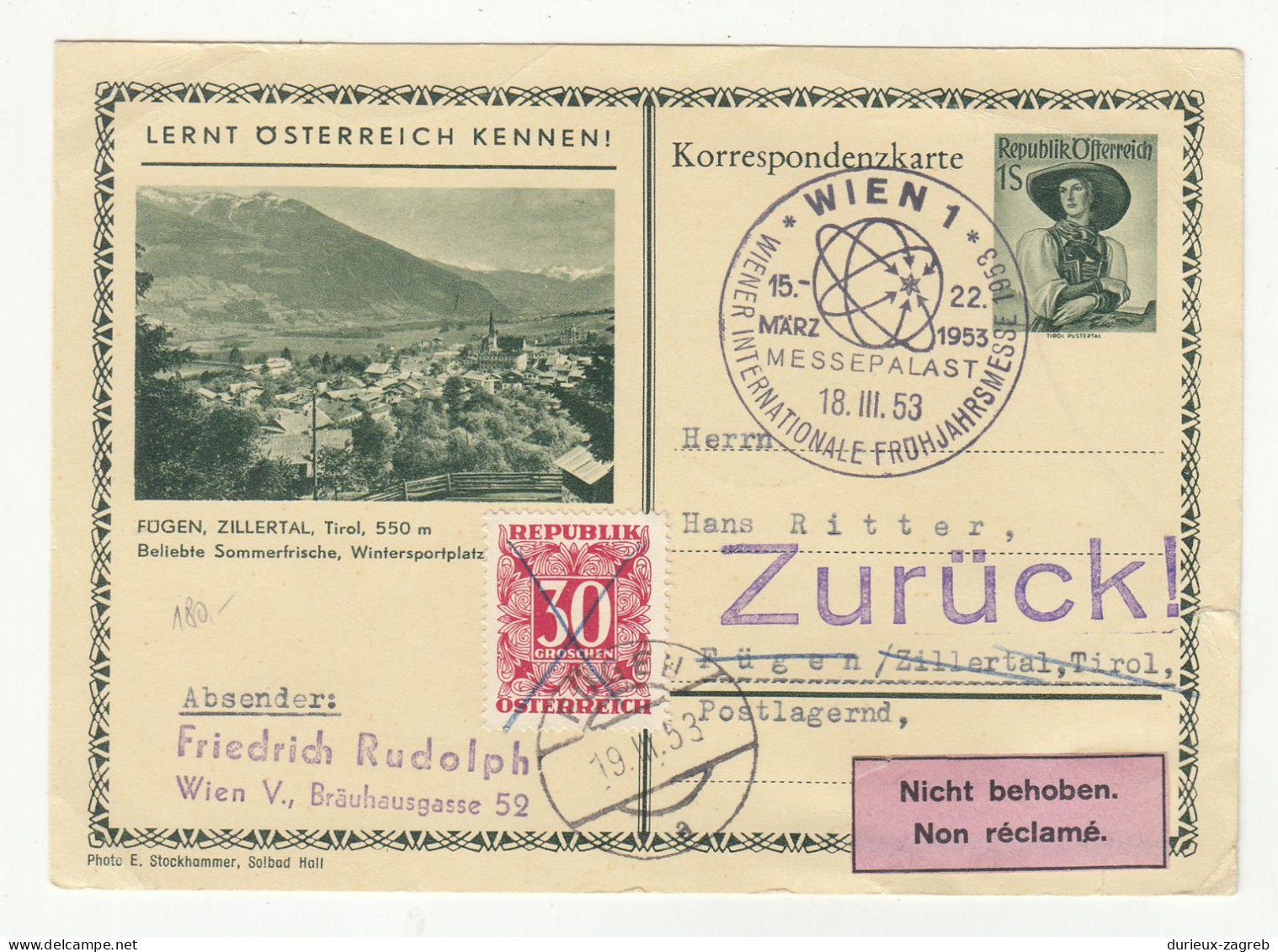 Fogen, Zillertal Illustrated Postal Stationery Postcard Posted 1953 - Special Postmark - Taxed - Non Reclame Sticker - Impuestos