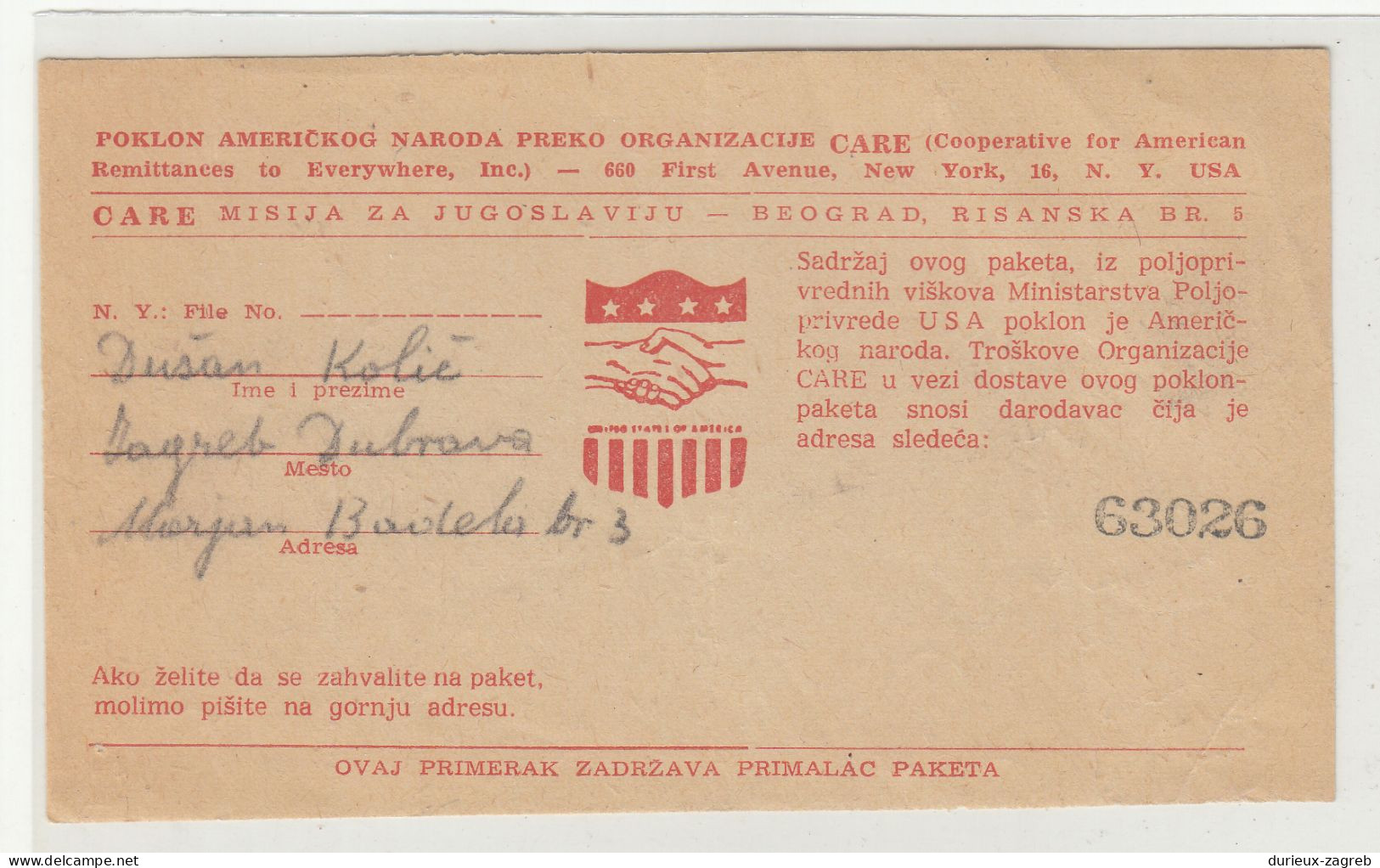 Yugoslavia US CARE Mission Receipt B240401 - Storia Postale