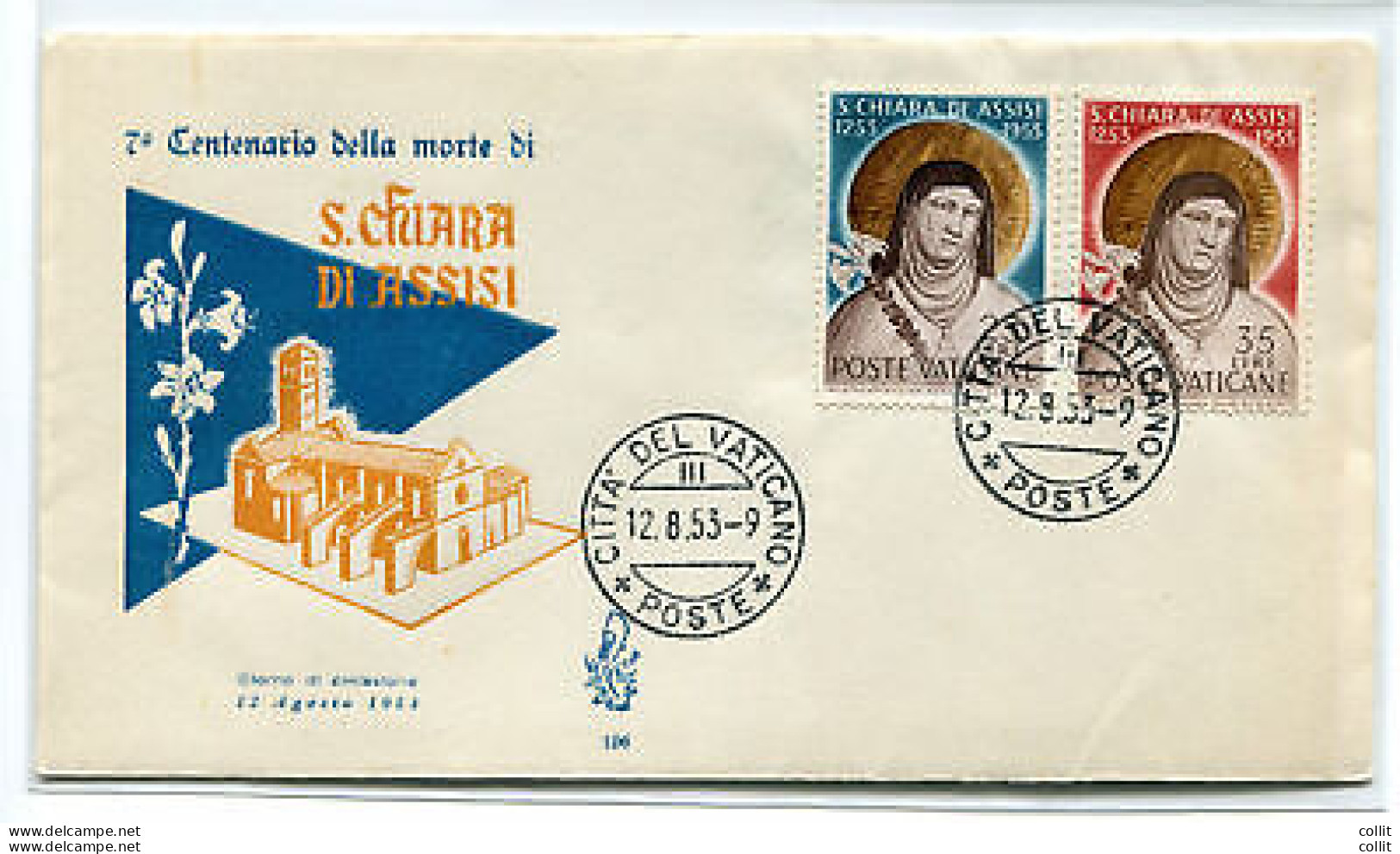 Vaticano FDC Venetia 1953 S. Chiara  Non Viaggiata - FDC