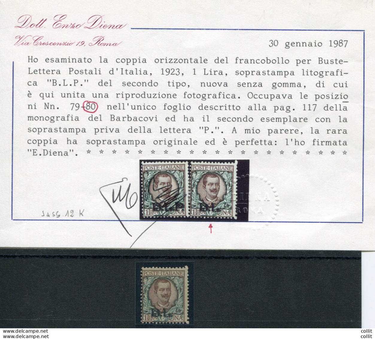 B.L.P. Lire 1 Soprastampa Incompleta Solo B.L. Pos. 80 - Neufs