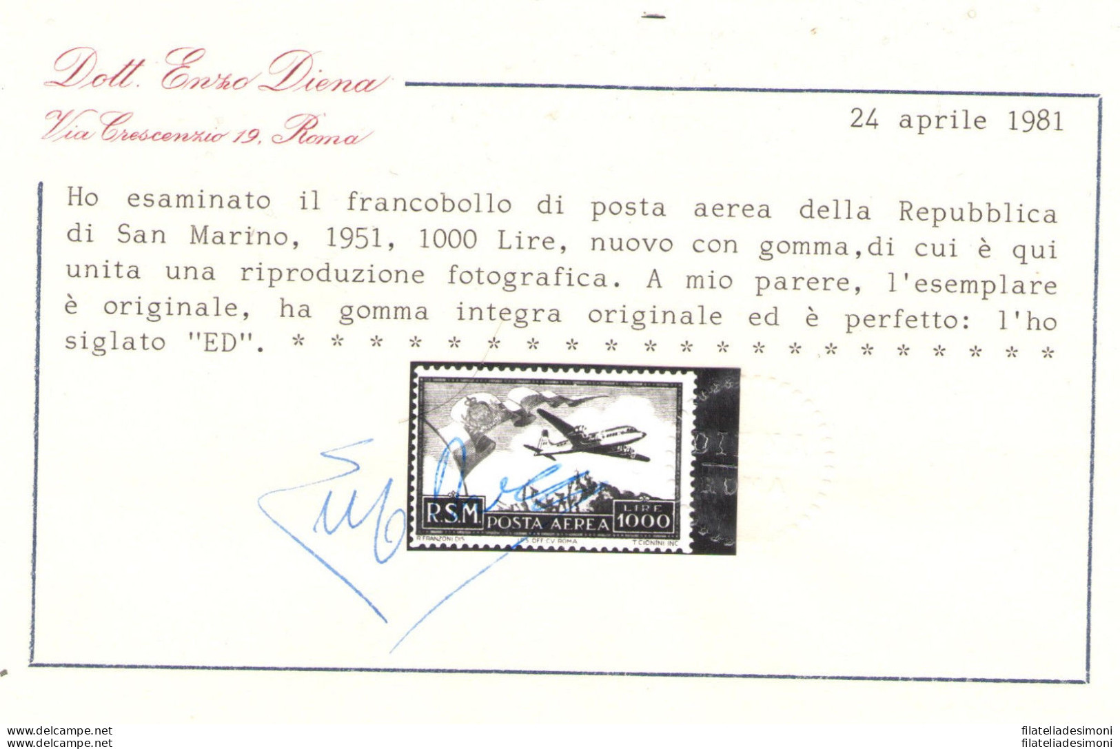 1951 SAN MARINO Posta Aerea N° 99 Bandierone MNH** Certificato Enzo Diena - Poste Aérienne