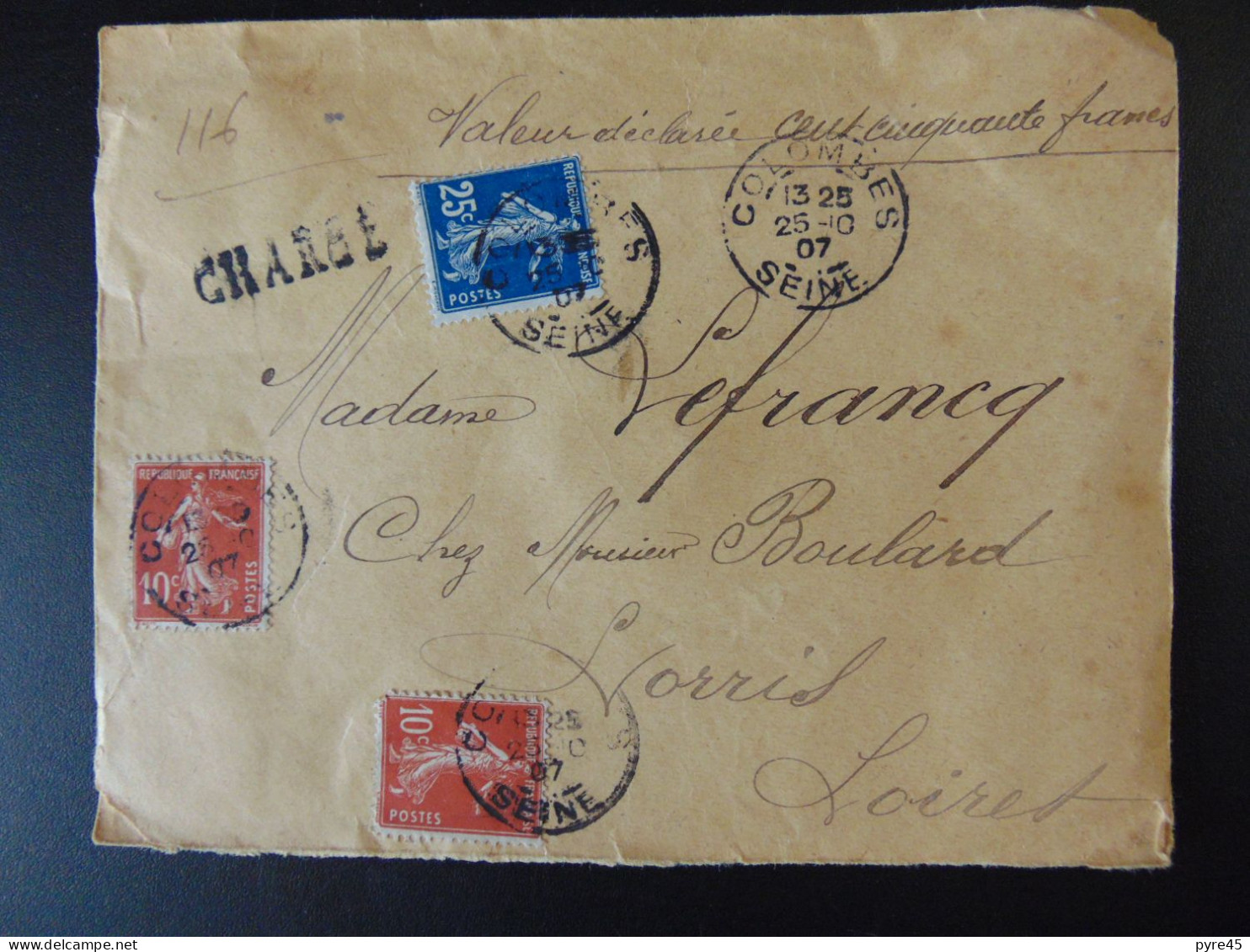 France, Enveloppe, Chargé Du 25 Octobre 1907 De Colombes à Lorris - Other & Unclassified