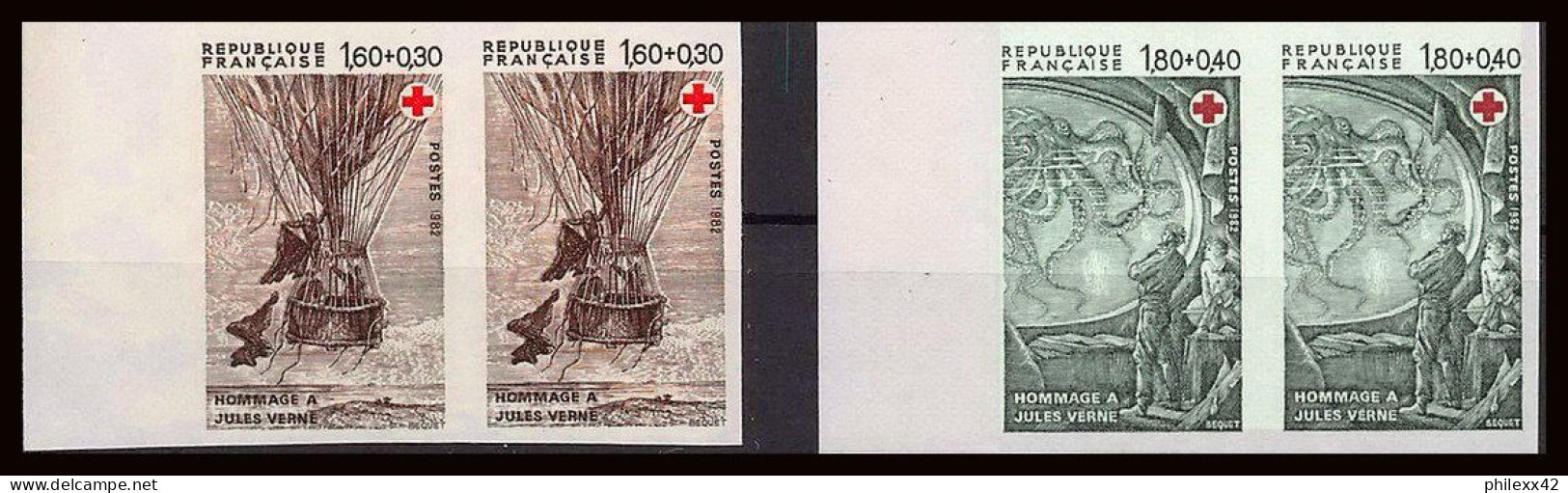 France N°2247/2248 Croix Rouge (red Cross) 1982 Jules Verne Paire Non Dentelé ** MNH Imperf Bord De Feuille - 1981-1990