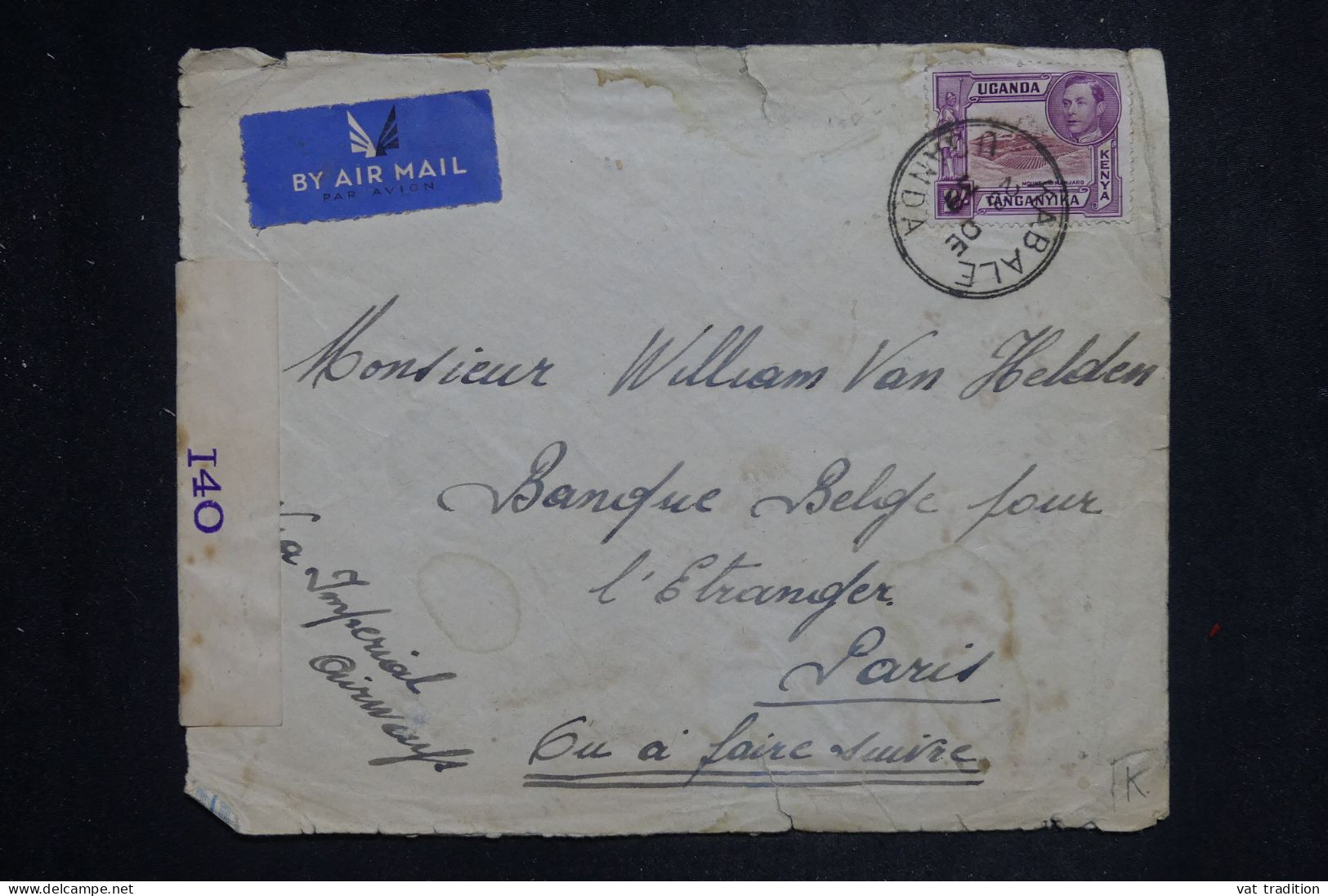 KENYA OUGANDA & TANGANYIKA - Enveloppe De Kabale Pour La France En 1939 Avec Contrôle Postal - L 151546 - Kenya, Uganda & Tanganyika