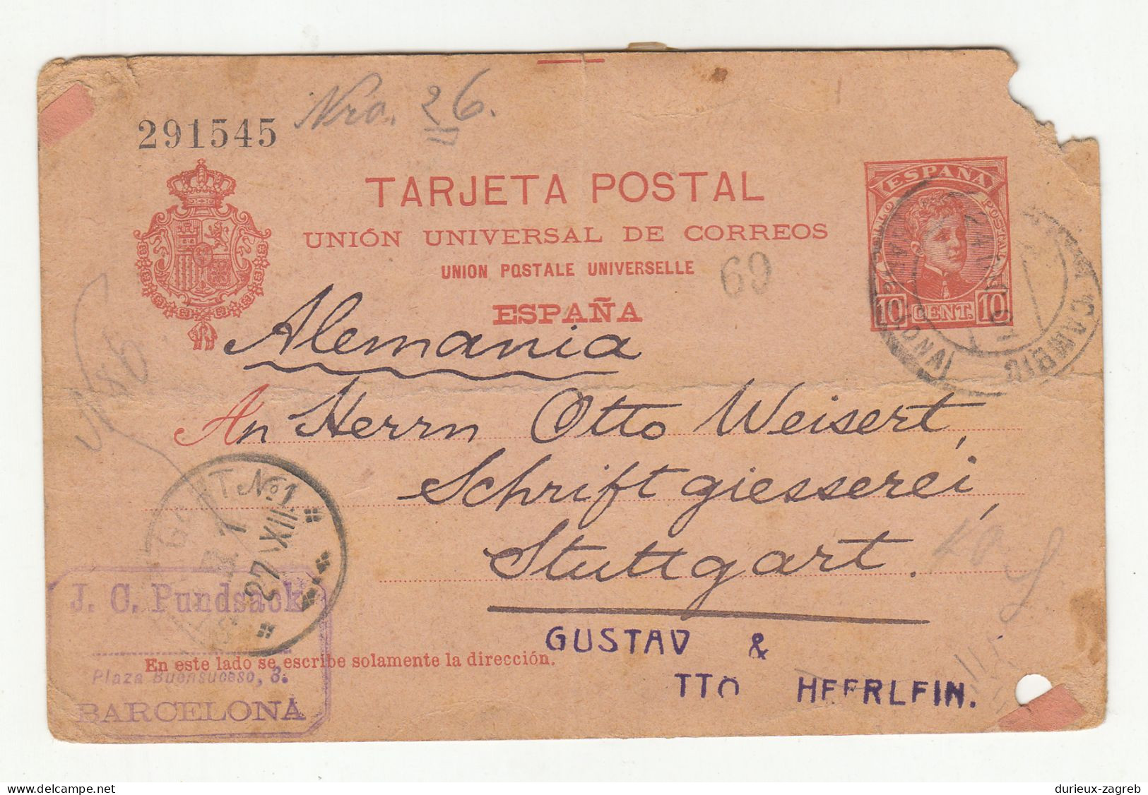 Spain Old UPU Postal Stationery Postcard Posted 1901 Barcelona To Germany B240401 - 1850-1931