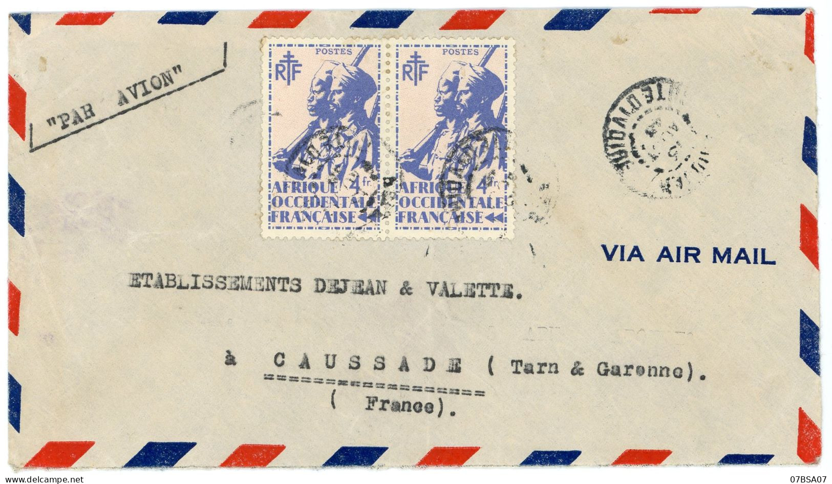 COTE D'IVOIRE ENV 1943 ABIDJAN LETTRE AVION => CAUSSADE TARN ET GARONNE - Covers & Documents