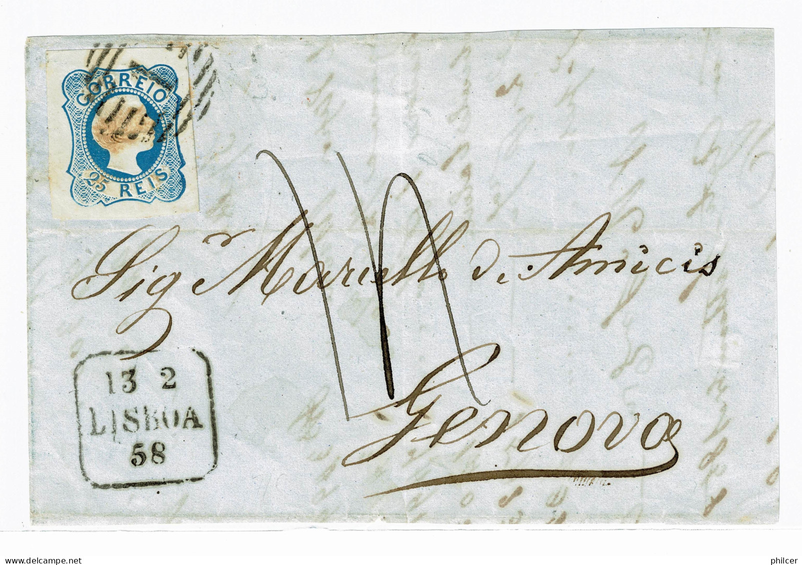 Portugal, 1858, # 6, Para Genova, Fragmento - Storia Postale