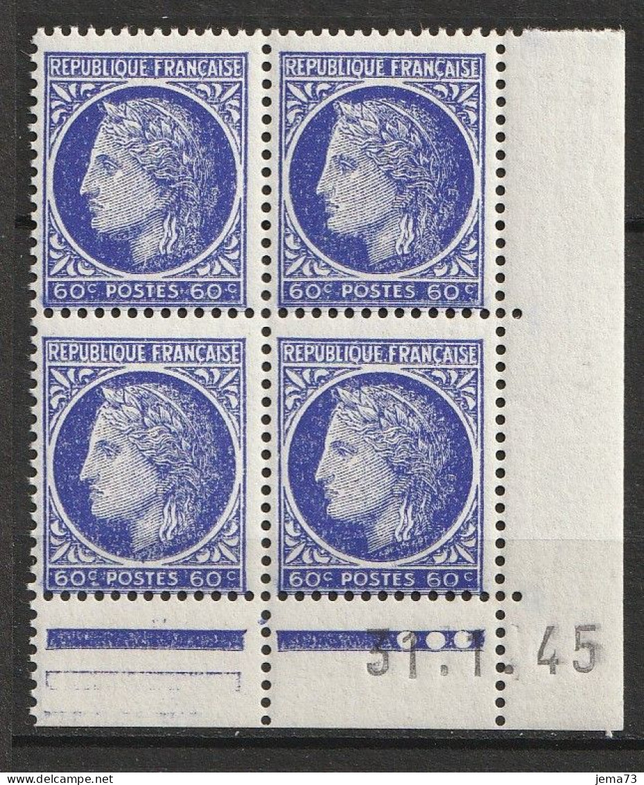 N° 674 Type Cérès De Mazelin ; Beau Bloc De 4 Timbres Neuf Impeccable Coins Datés 31.1.45 - 1940-1949